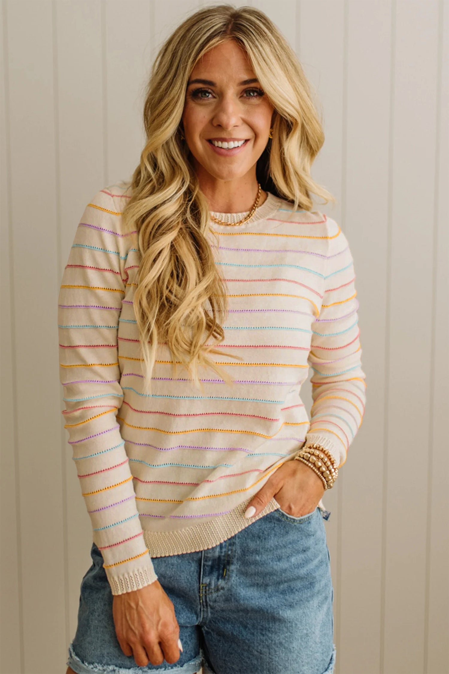 Beige Stripe Colorful Stripes Crew Neck Knit Sweater