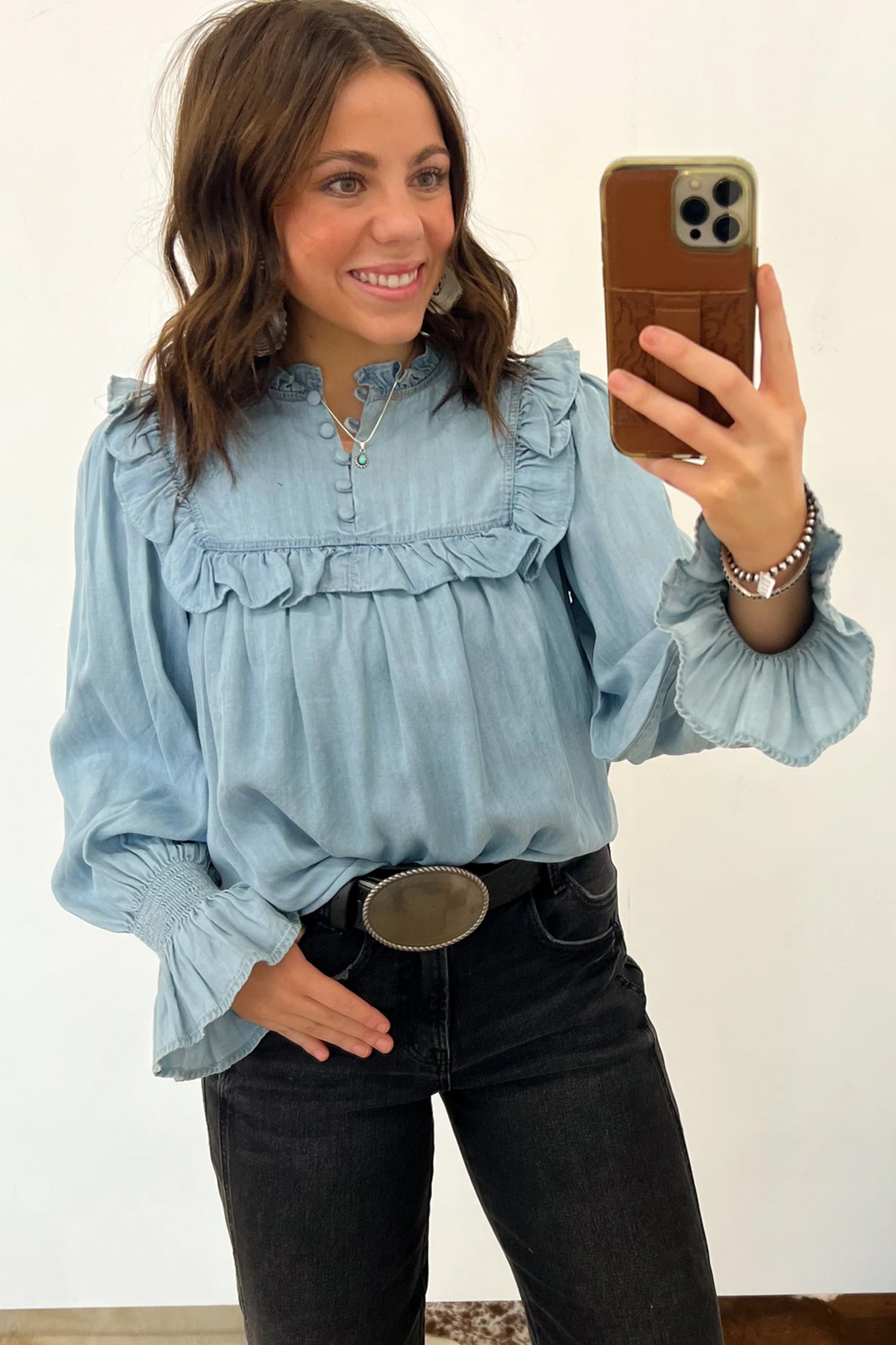 Beau Blue Western Ruffle V Neck Long Sleeve Chambray Blouse
