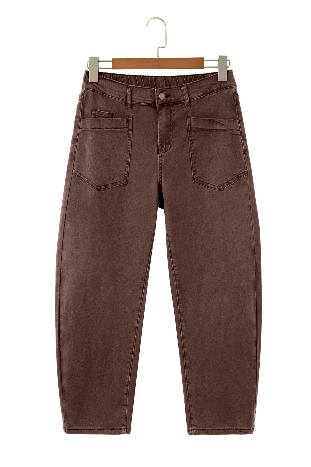 Coffee Solid Color Square Patch Pocket Ankle-length Barrel Jeans