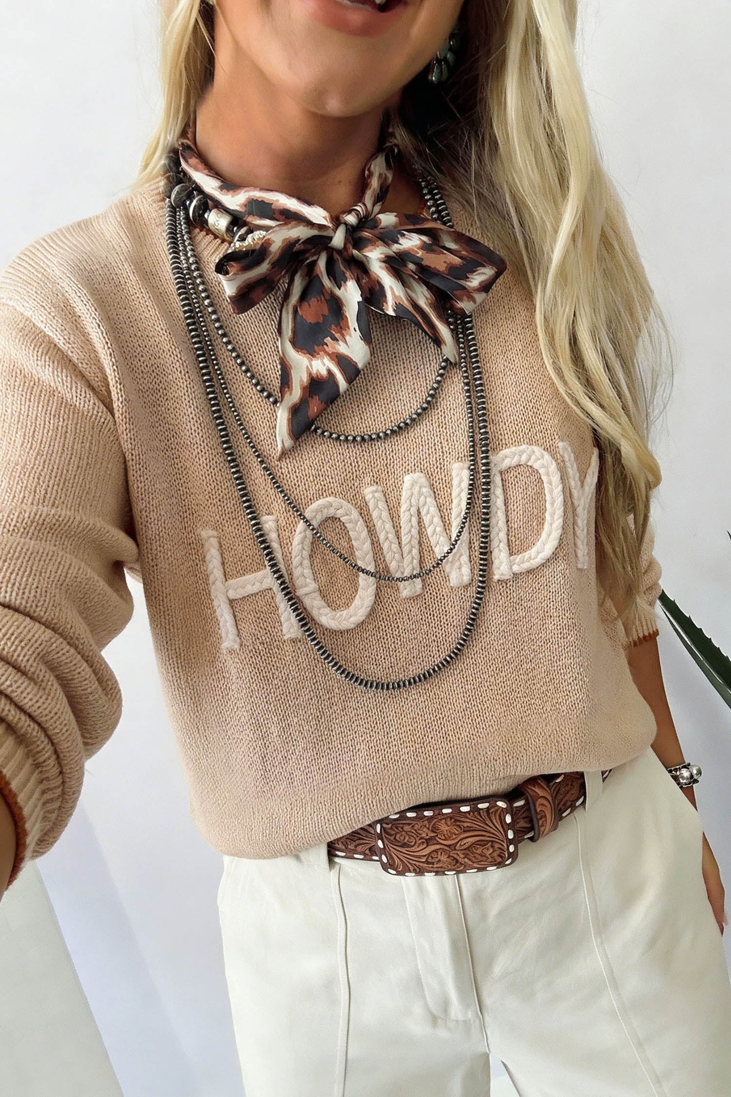 Parchment Corder HOWDY Letter Graphic Crew Neck Relaxed Sweater