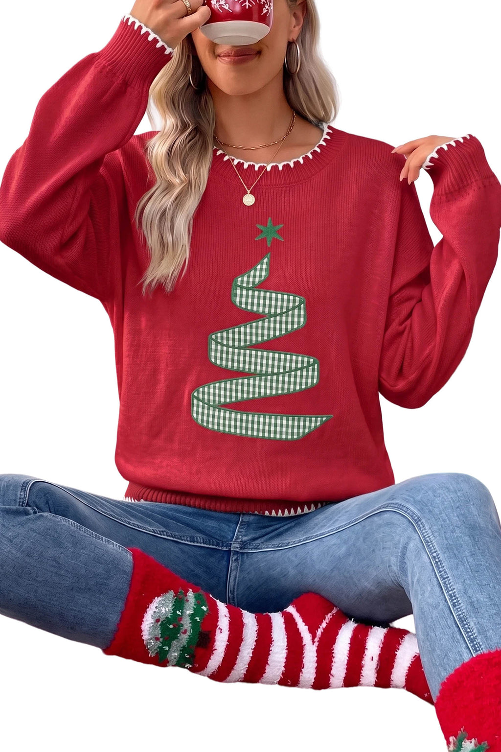 Racing Red Stitched Detail Christmas Tree Holiday Casual Sweater