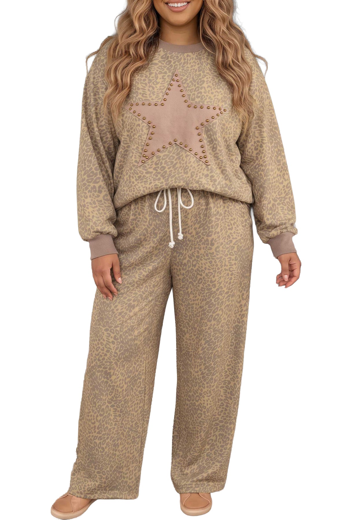 Khaki Leopard Print Star Patch Colorblock Long Sleeve Top Plus Size Drawstring Pants Set