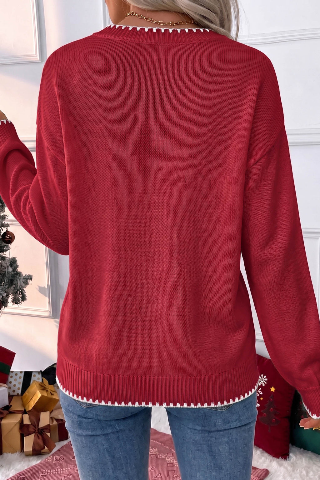 Racing Red Stitched Detail Christmas Tree Holiday Casual Sweater
