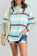 Sky Blue Stripe Casual Striped Patchwork Long Sleeve Loose Pullover Top