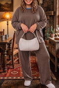 Dark Brown Long Sleeve Round Neck Patchwork Colorblock Plus Size Set