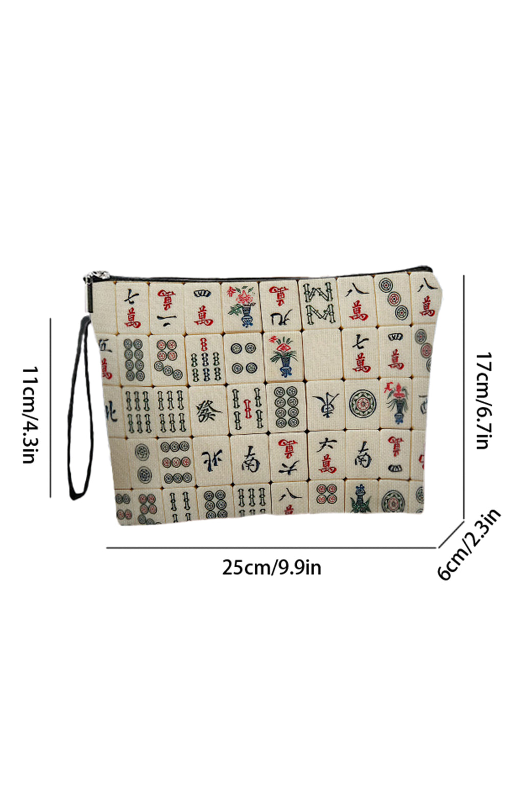 White Mahjong Pattern Printed Canvas Cosmetic Bag
