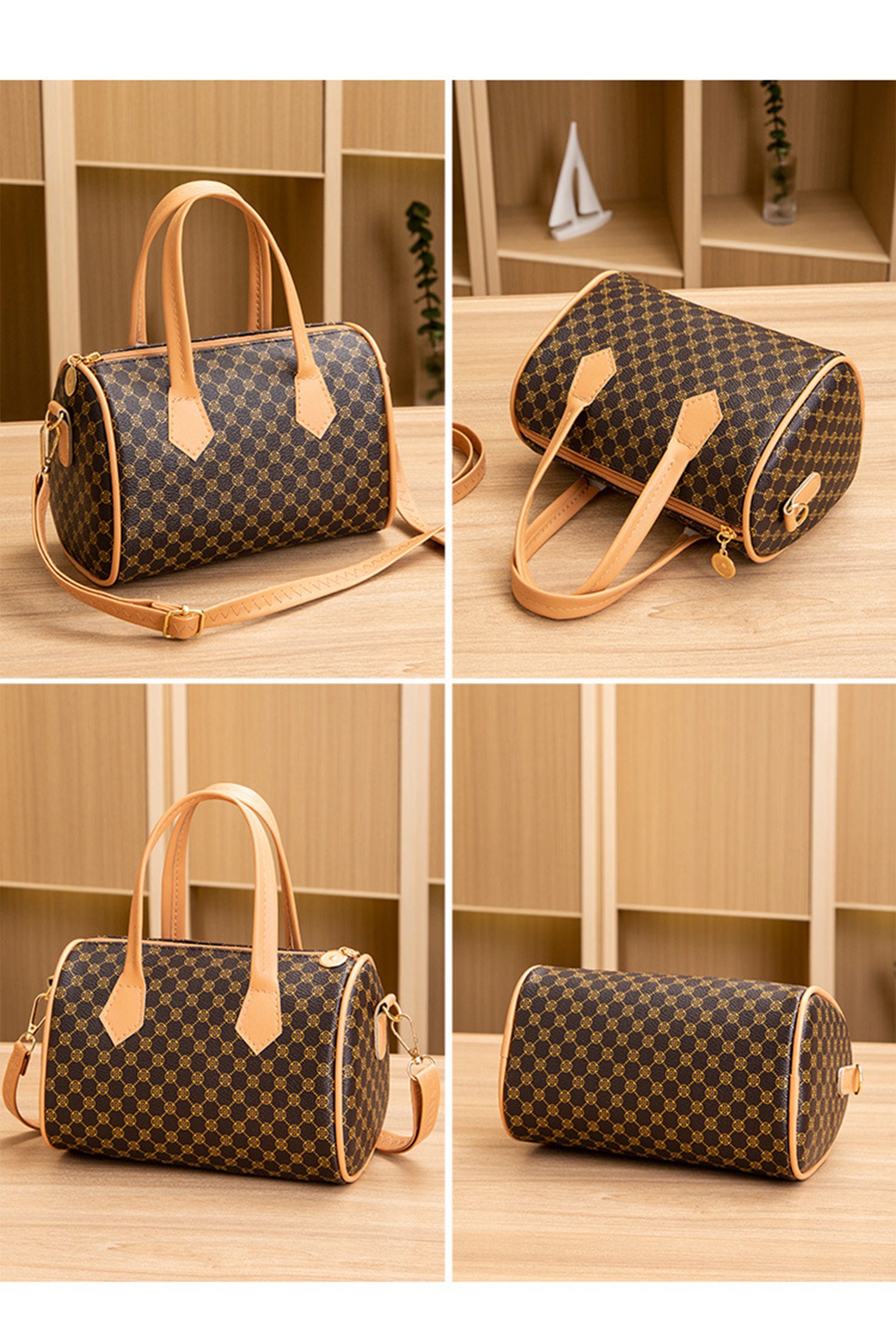 Coffee Retro Geometric Print Portable Shoulder Strap PU Leather Bag
