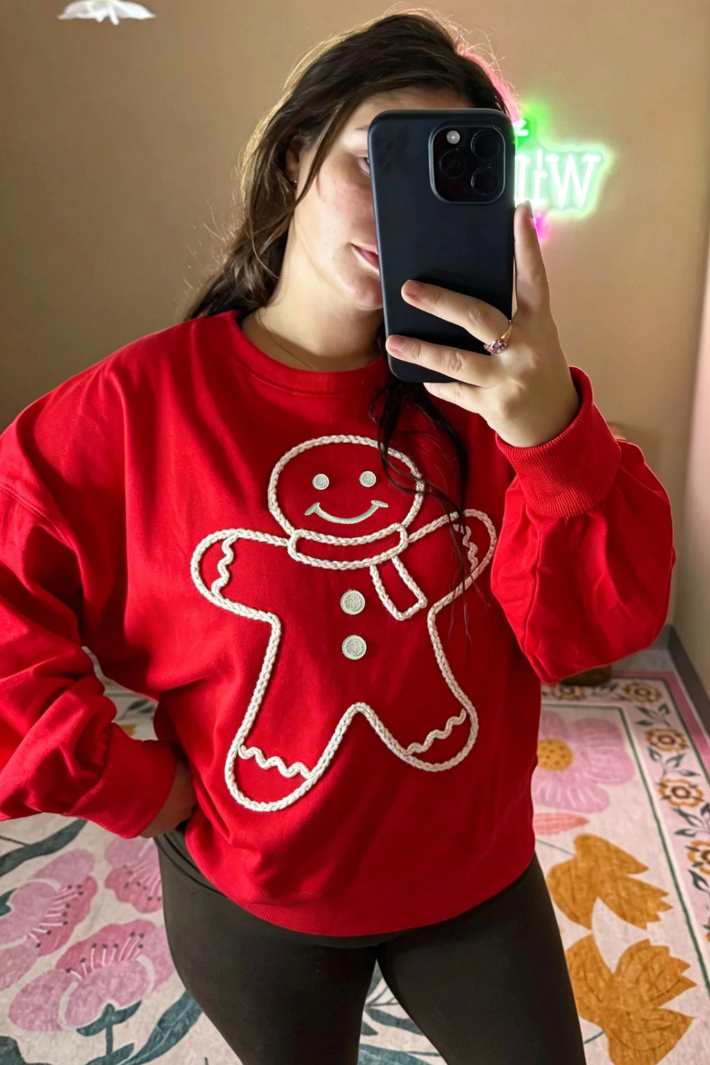 Fiery Red Christmas Embroidered Long Sleeve Casual Round Neck Loose Fit Sweatshirt