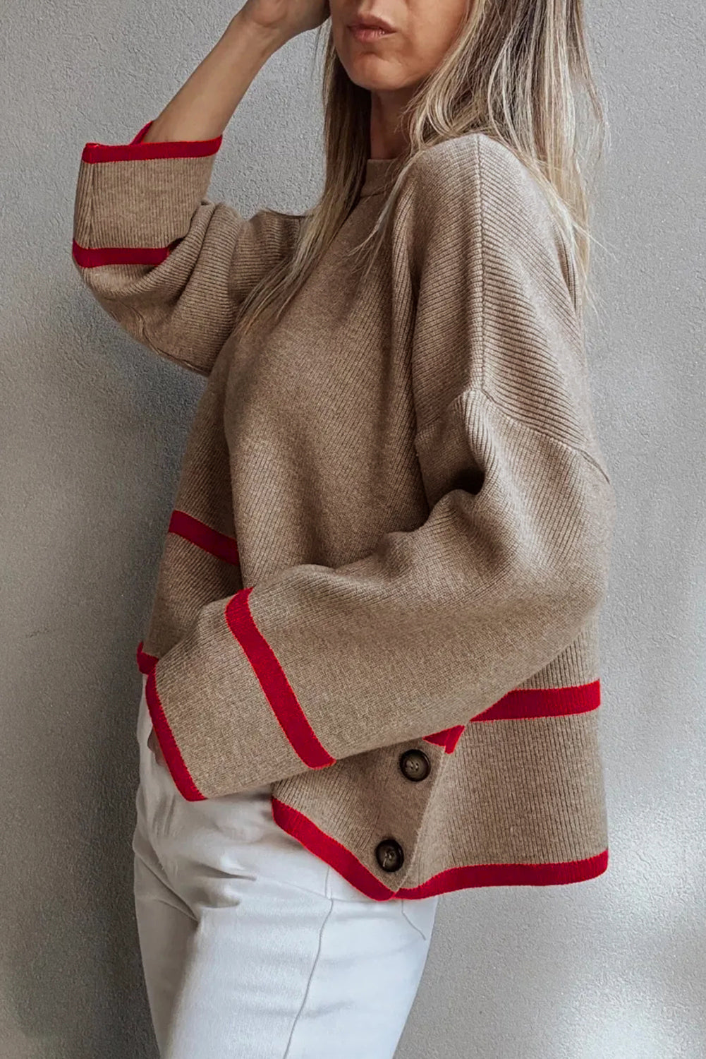 Simply Taupe Ribbed Knit Contrasted Stripe Detail Button Side Loose Sweater
