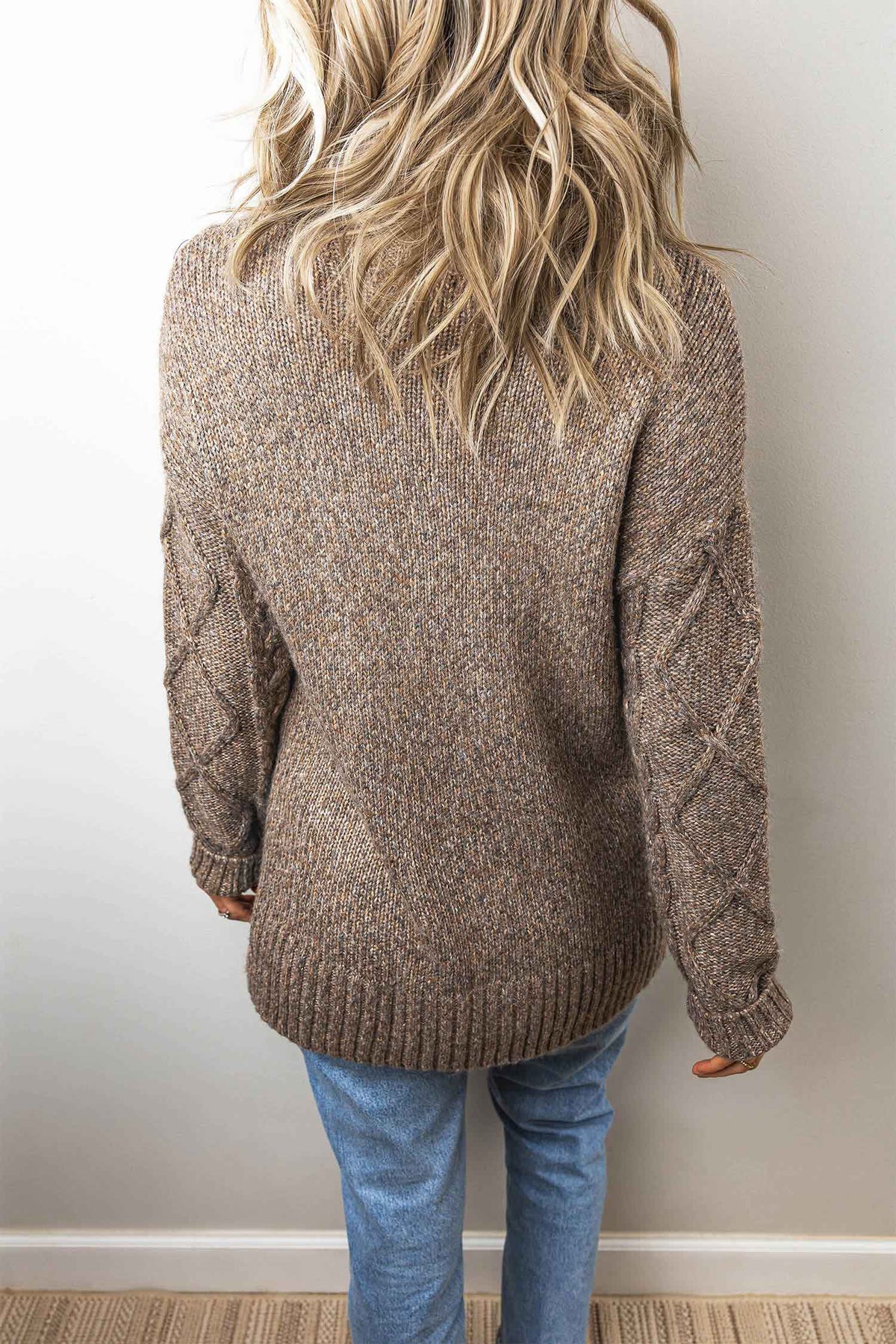 Dark Khaki High Neck Drop Shoulder Cable Knit Regular Length Sweater
