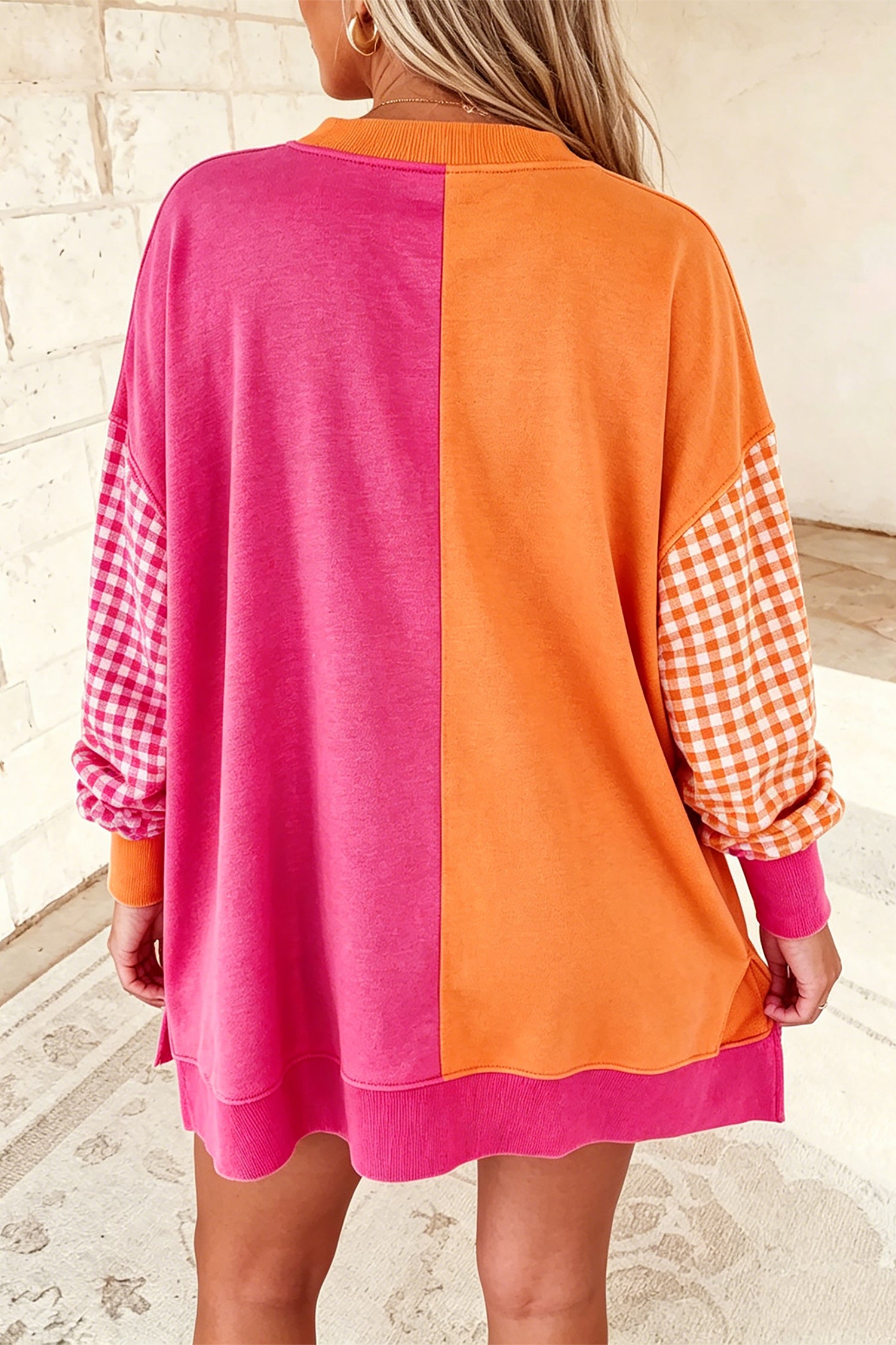 Rose Red Colorblock Gingham Sleeve Crewneck Sweatshirt