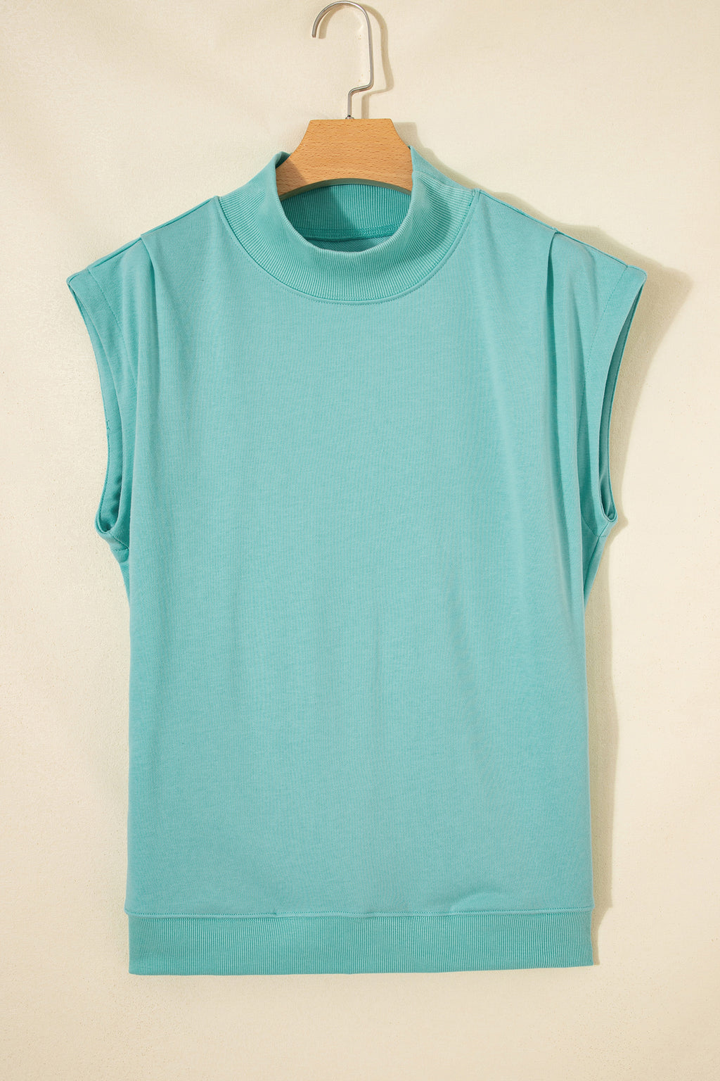 Mint Green Solid Color High Neck Cap Sleeve Loose Top