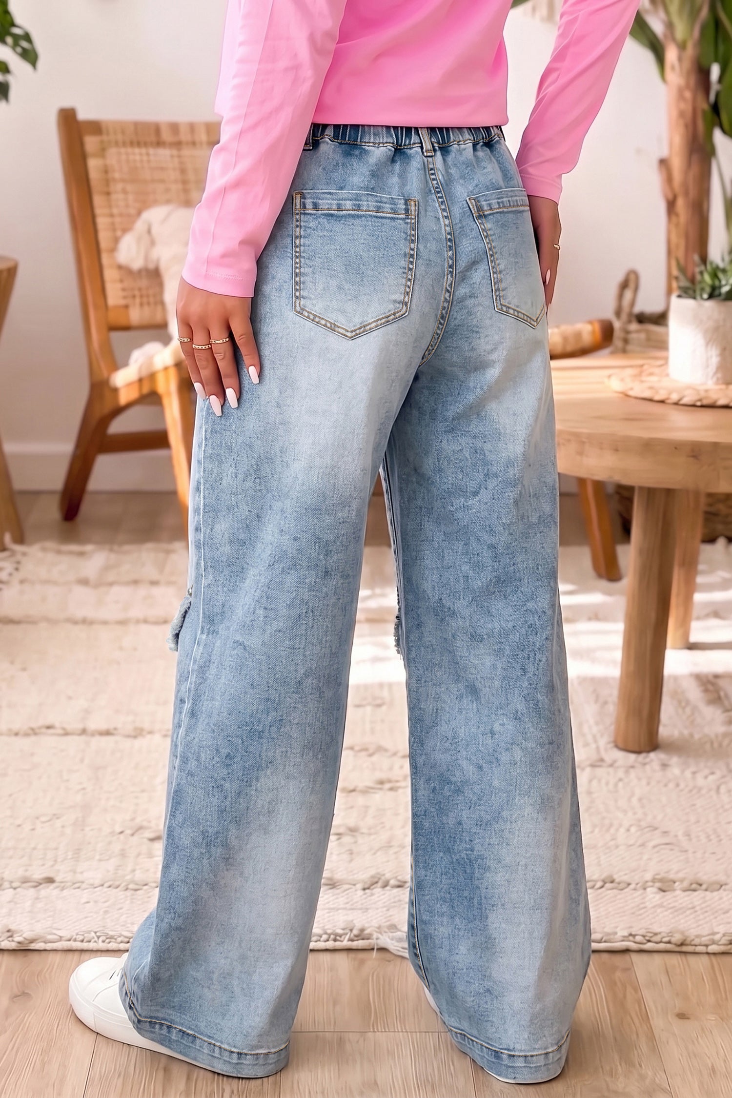 Beau Blue Frayed Studded Detail Wide Leg Pocketed Jeans