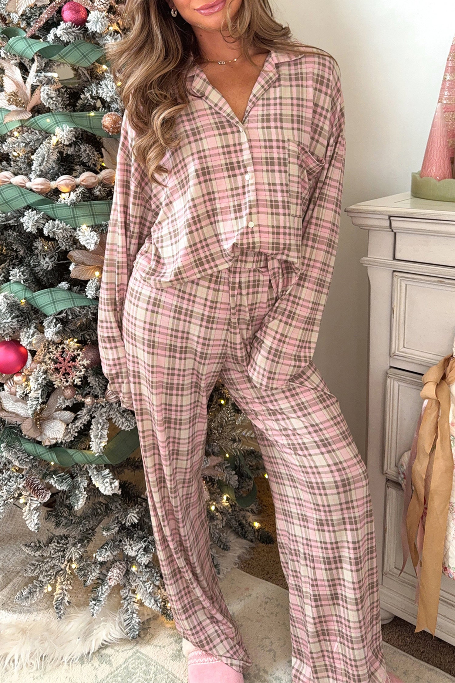 Pink Plaid Patch Pockets Long Sleeve Lounge Set