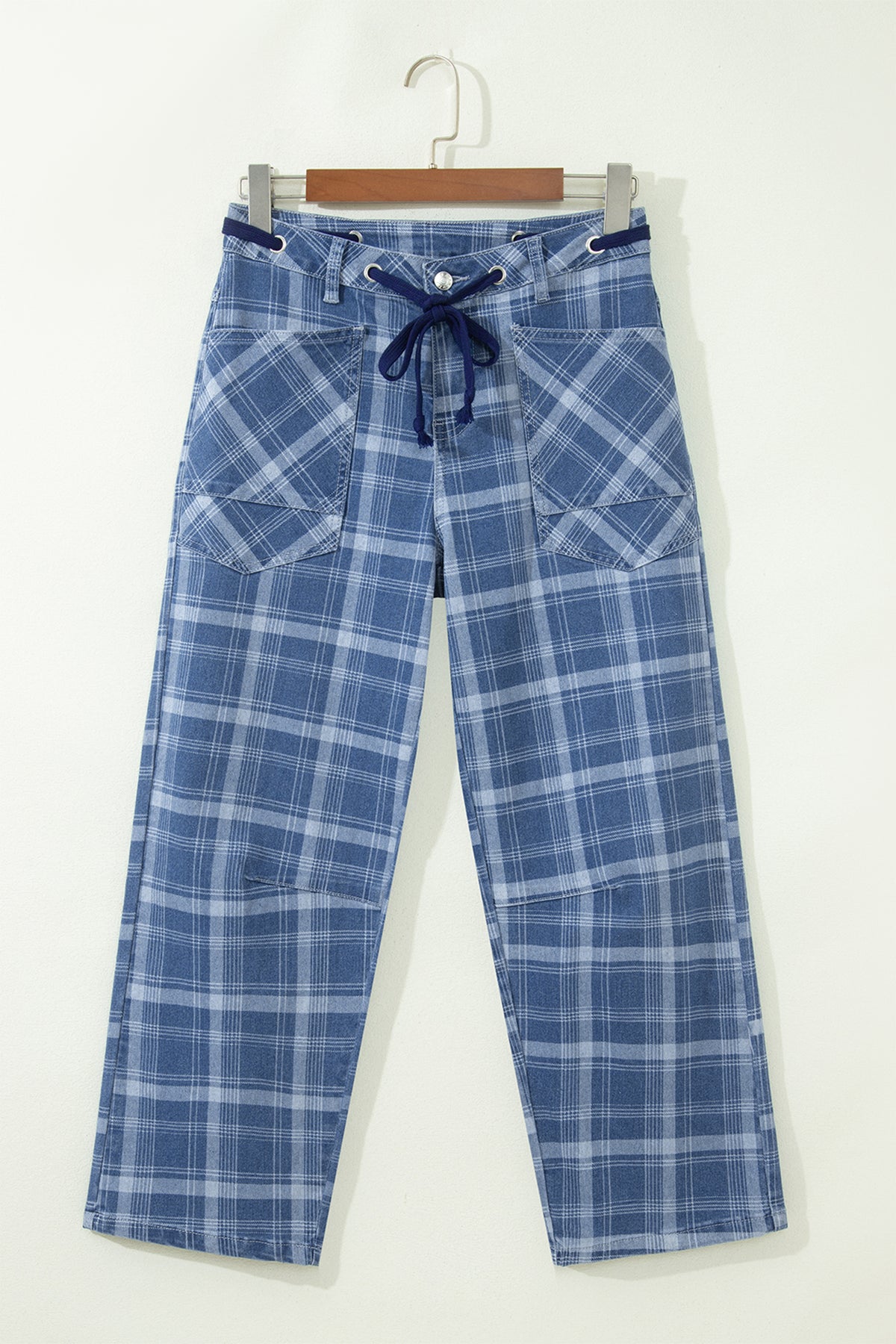 Sky Blue Plaid Denim Grommet Drawstring Waist Ankle-Length Jeans