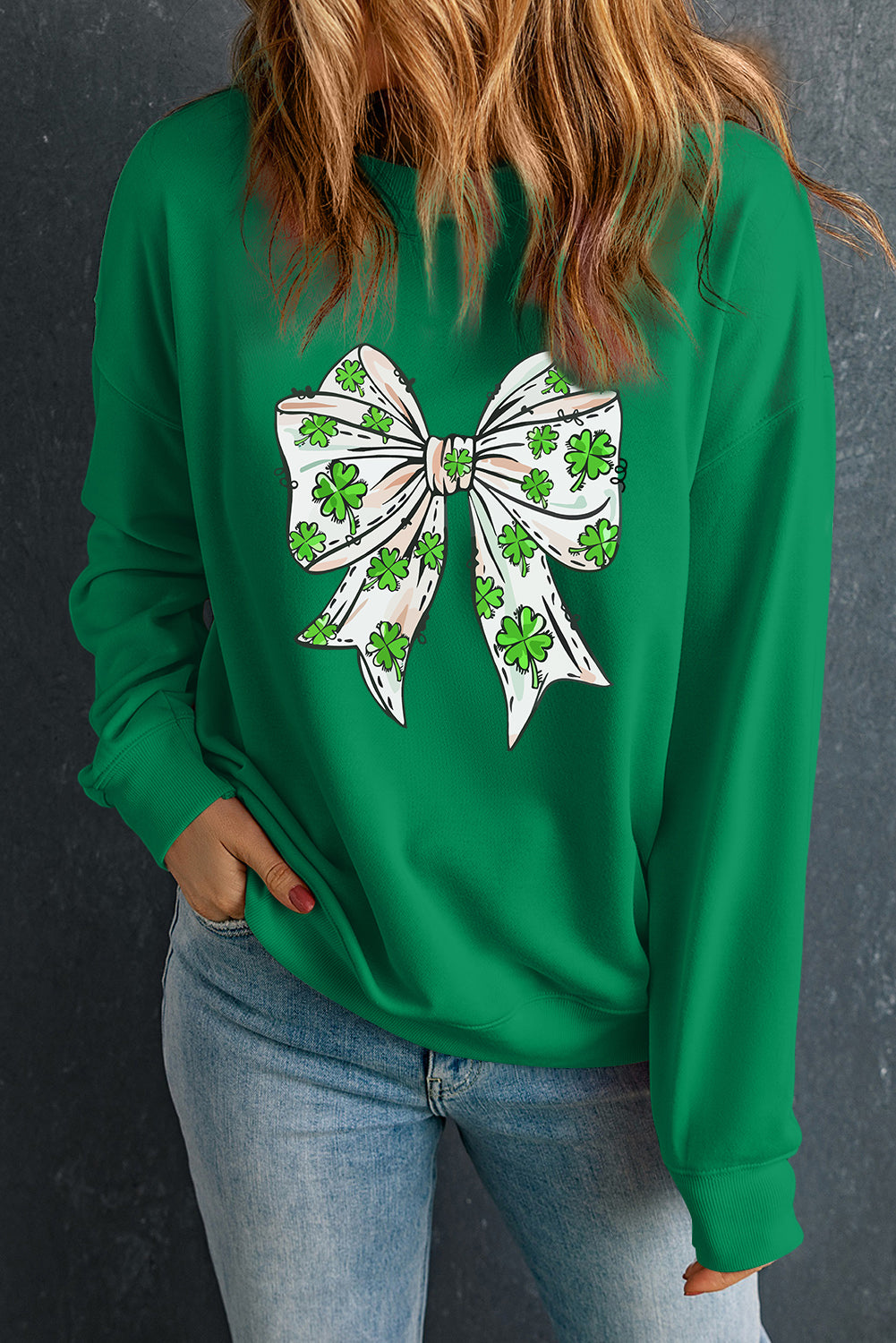 Dark Green St Patricks Clover Bow Printed Drop Shoulder Sweatshirt