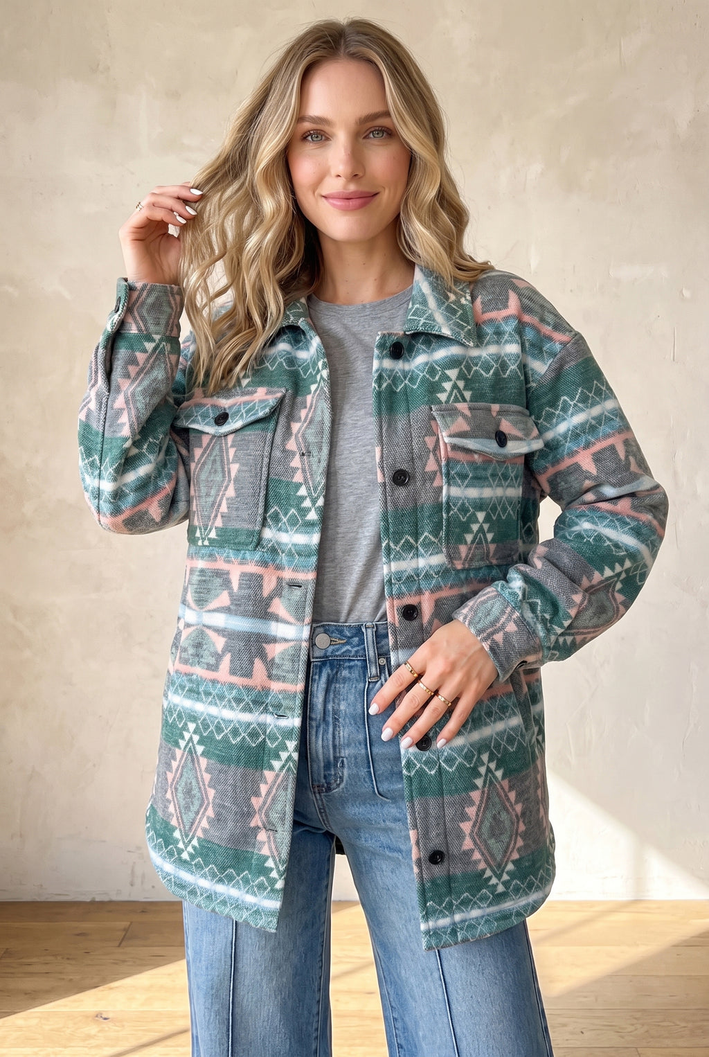 Green Geometric Print Button Front Long Sleeve Shacket