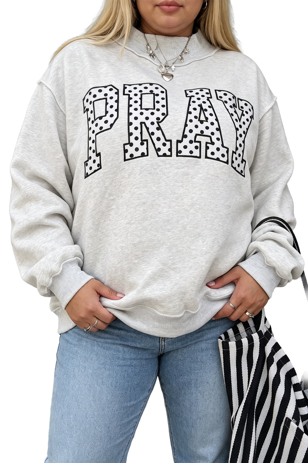 Gray PRAY Polka Dot Letter Print Mock Neck Plus Size Sweatshirt