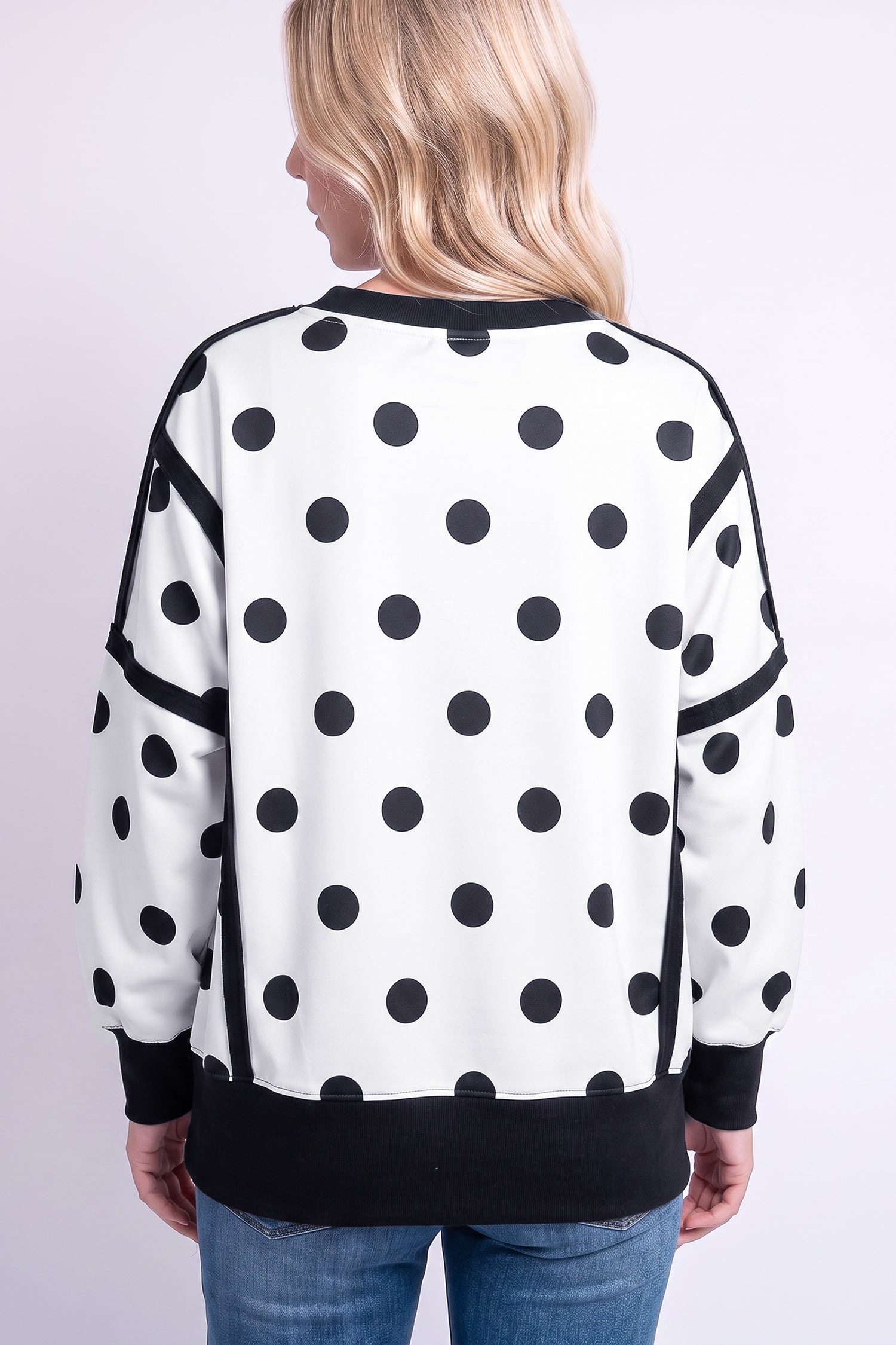 White Polka Dot Contrast Patchwork Round Neck Baggy Sweatshirt