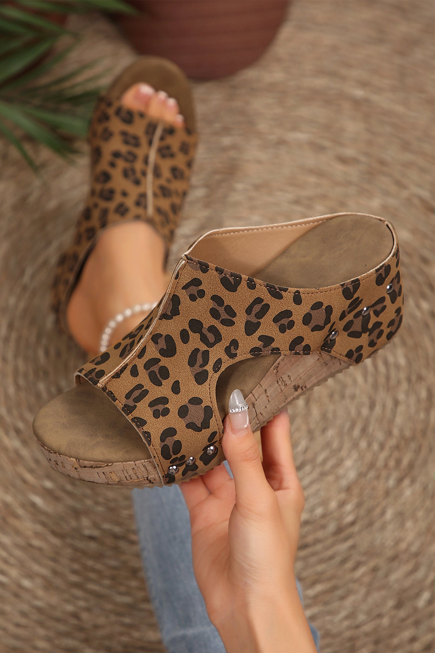 Chestnut Leopard Faux Suede Studded Cutout Wedge Slippers