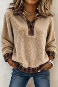 Light French Beige Plaid Collar Button Front Fleece Pullover Sweatshirt