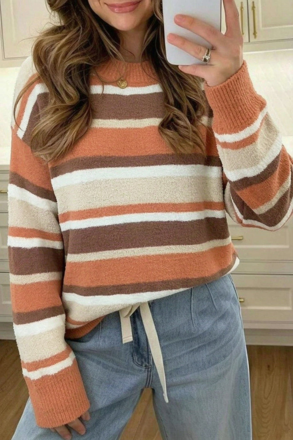 Orange Stripe Dropped Shoulder Loose Pullover Sweater