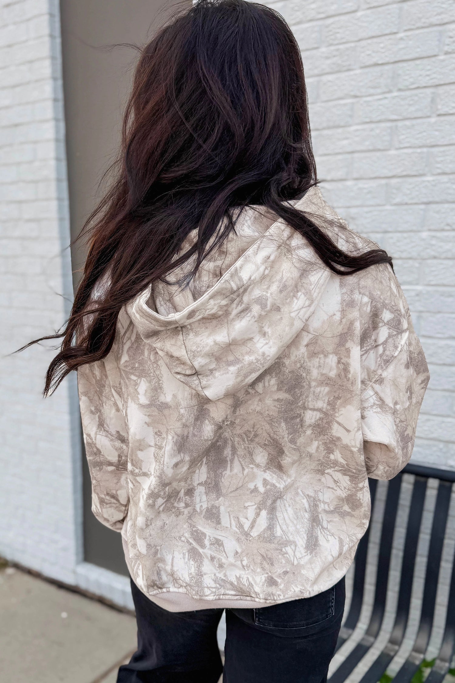 Gray Abstract Print Ribbed Cuffs Hem Long Sleeve Hoodie