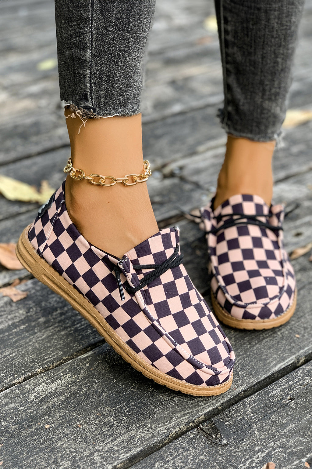 Dark Brown Checkered Print PU Leather Lace Up Detail Flat Shoes