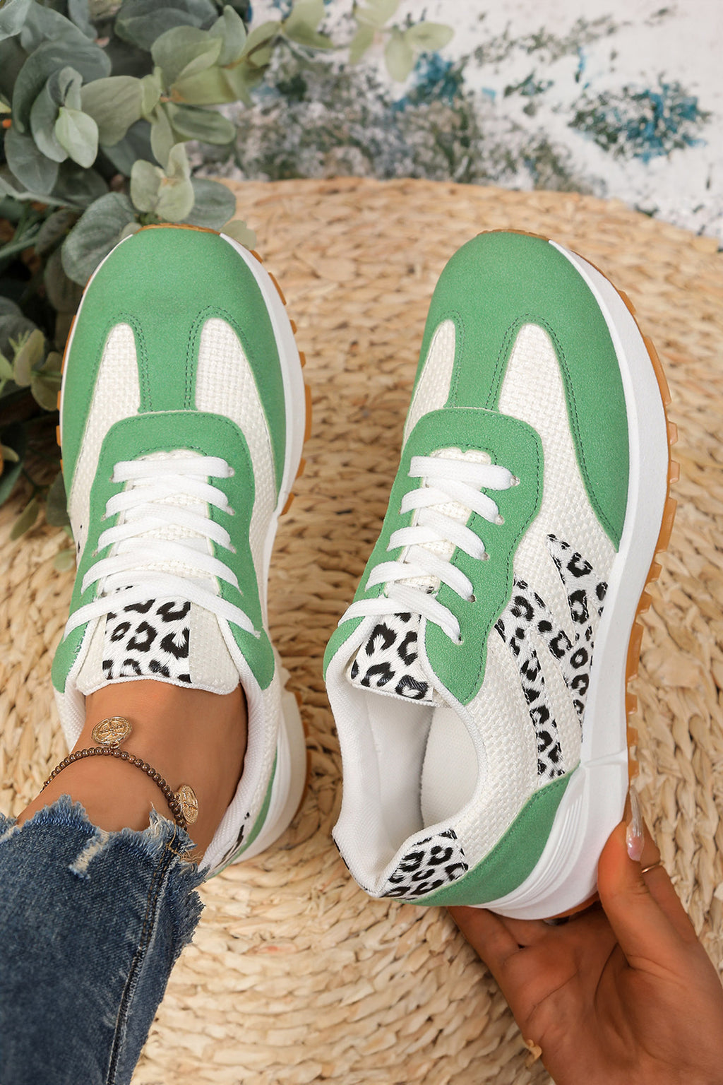 Green PU Leather Leopard Color Block Detail Lace Up Sporty Sneakers