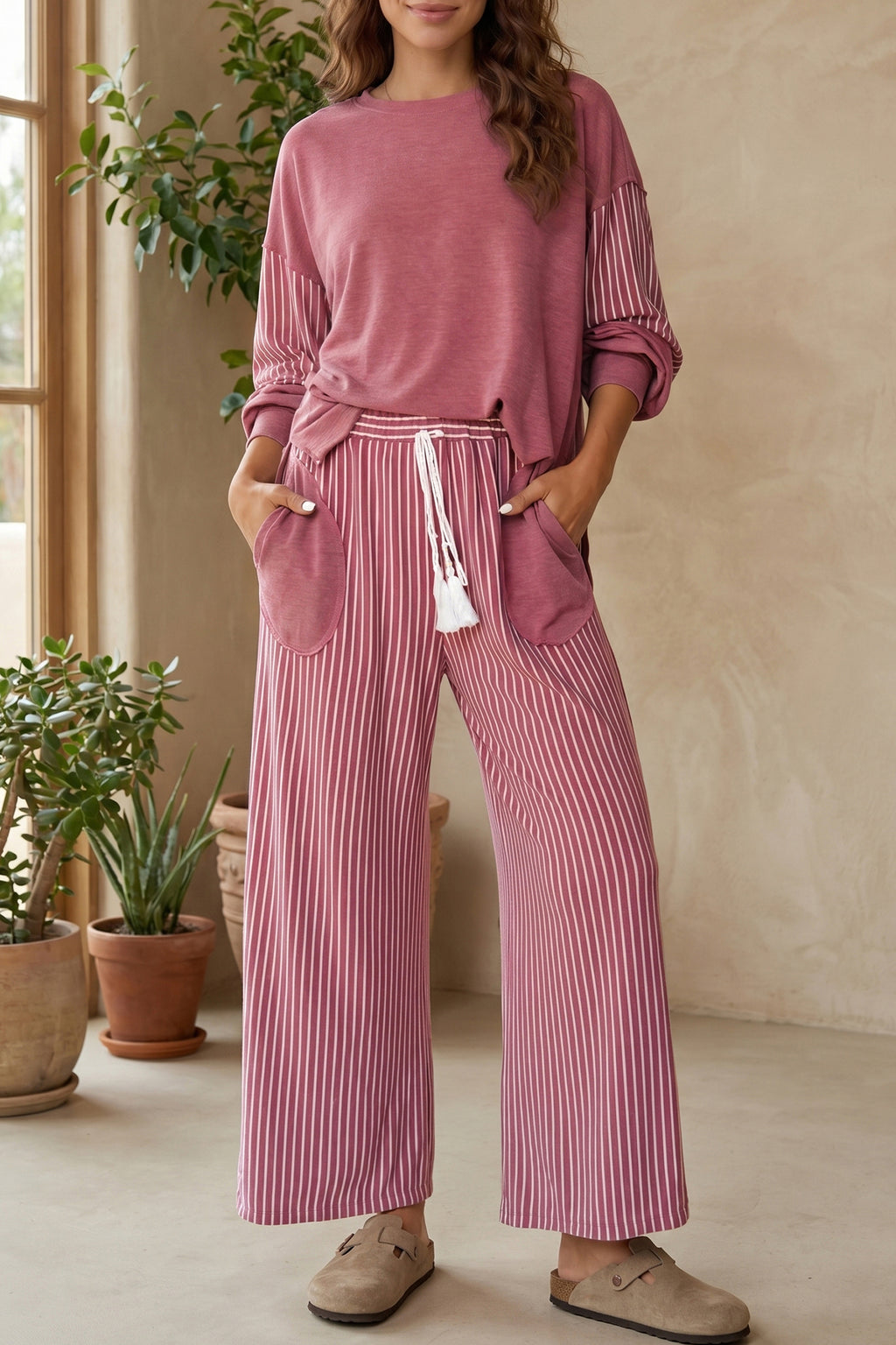 Fushia Raw Seam Patchwork Long Sleeve Top Pocket Casual Pants 2pcs Set