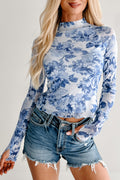 Sky Blue Floral Print Long Sleeve Stand Neck Mesh Top