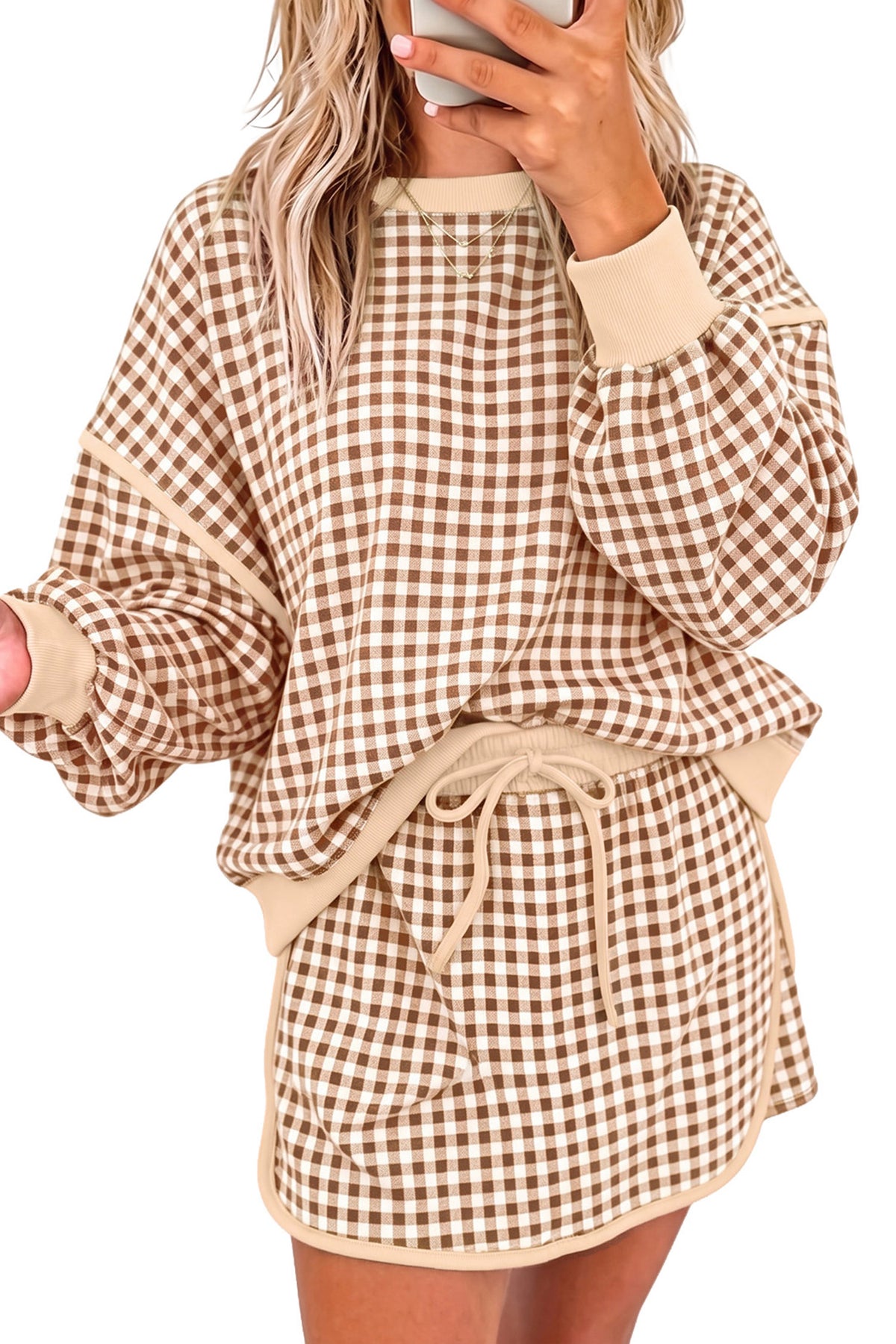 Green Gingham Oversized Ribbed Trim Crew Neck Long Sleeve Top and Skort Set