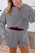 Brown Stripe Relaxed Long Sleeve Top Contrast Elastic Waistband Short Set