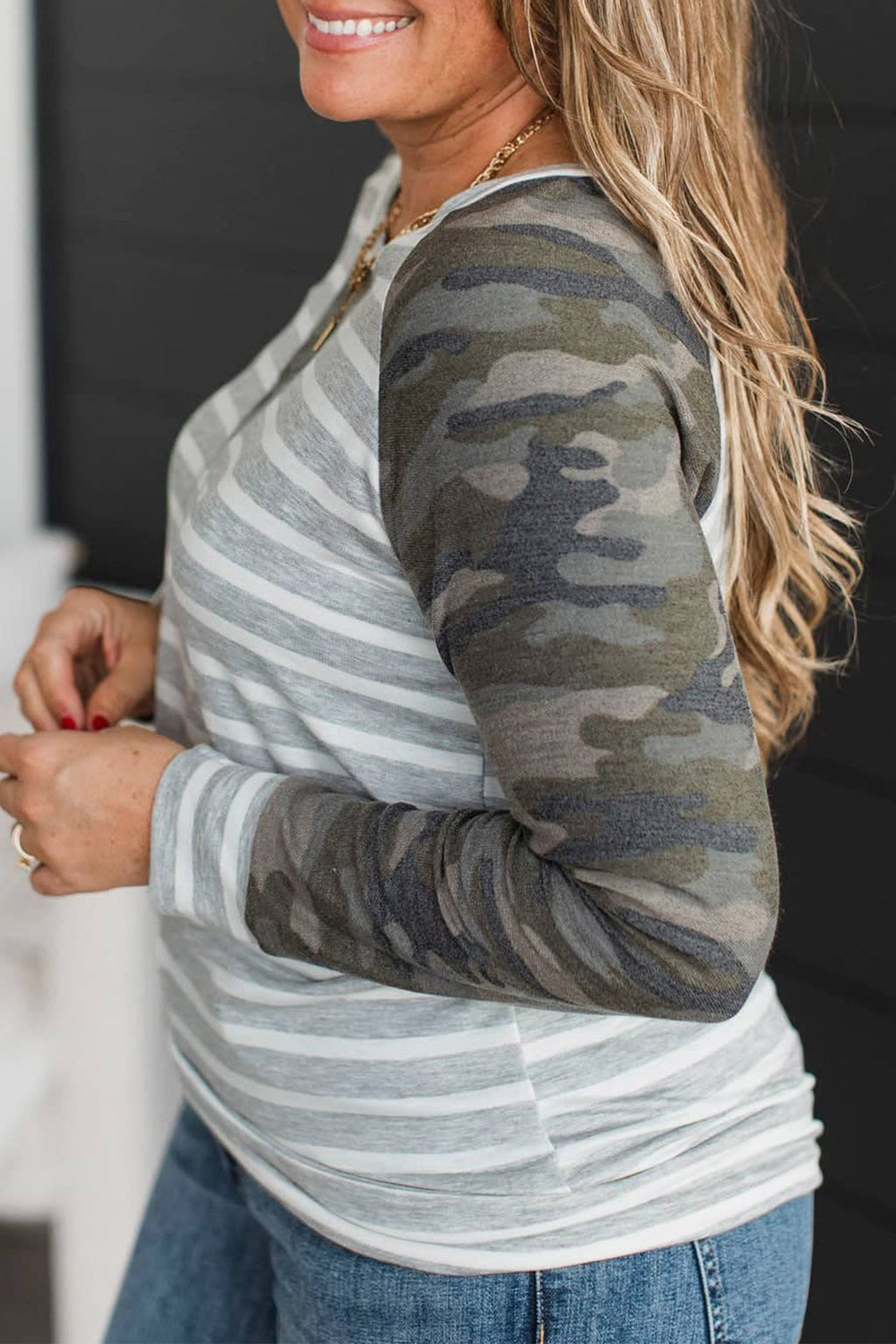 Gray Stripe Camo Sleeve Striped Colorblock Round Neck Long Sleeve Plus Size Blouse