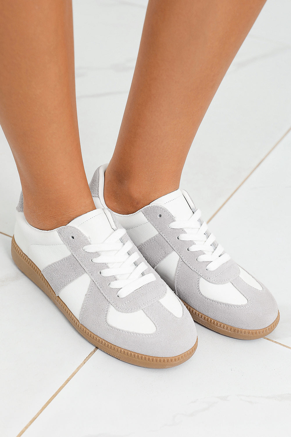 Beige PU Leather Suede Patched Lace-up Flat Shoes