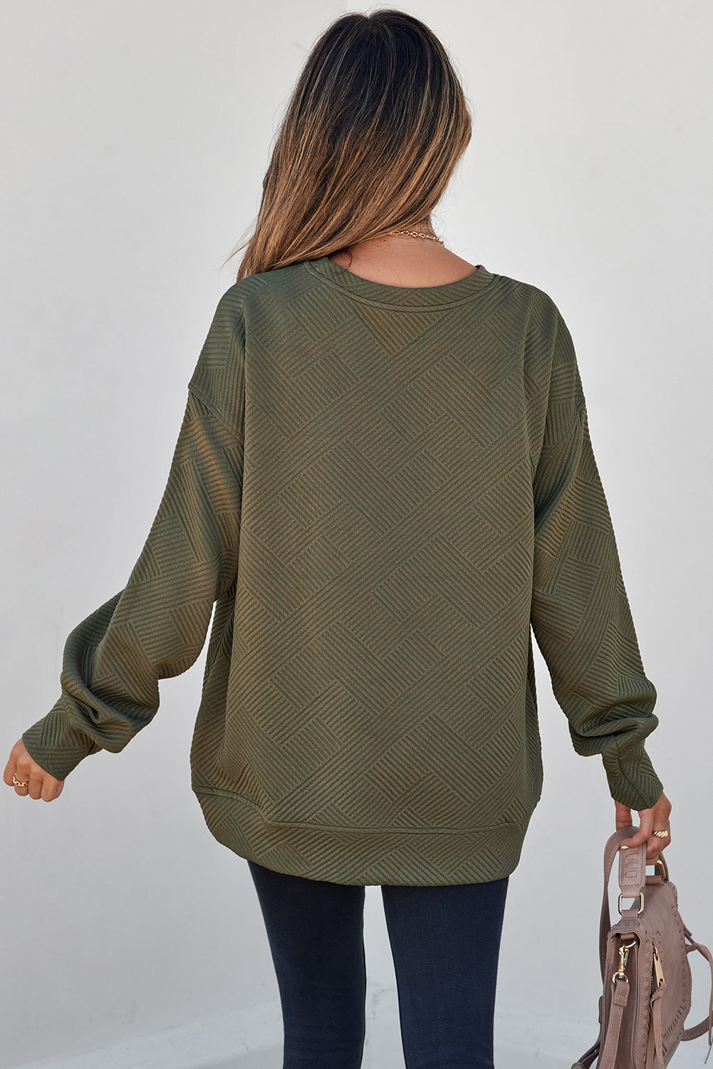 Jungle Green Solid Color Textured Round Neck Drop Shoulder Pullover Sweatshirt