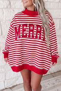 Red Stripe Christmas Slogan Embroidery Patched Mock Neck Oversized Sweatshirt