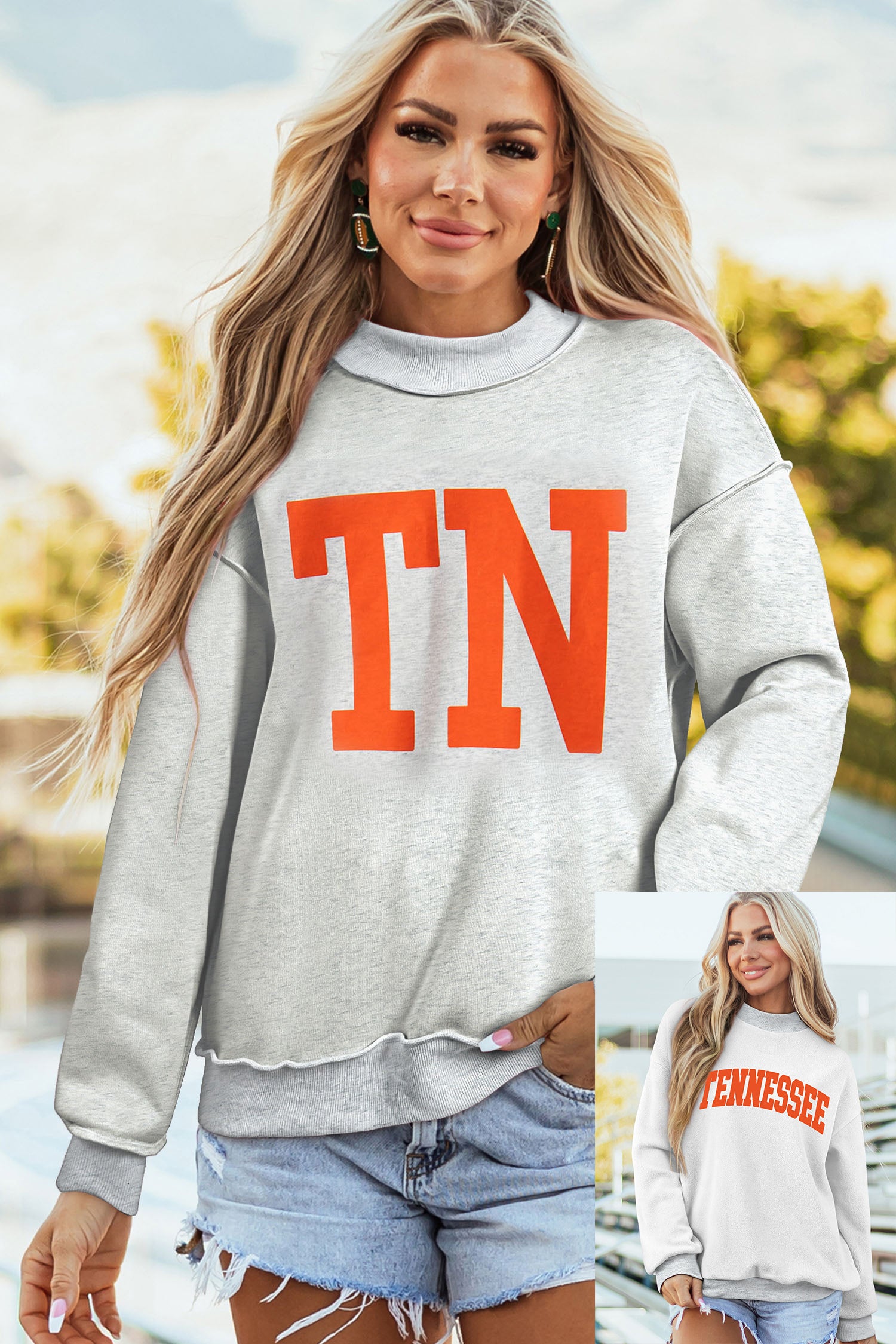 Light Grey TN TENNESSEE Double Printed Reversible Mock Neck Sweatshirt