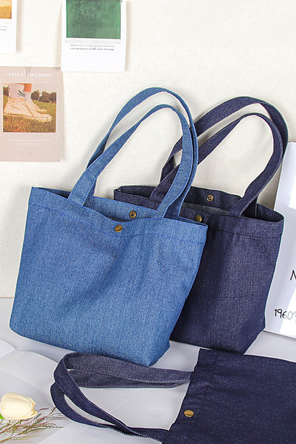 Sky Blue Vintage Denim Snap Button Tote Bag