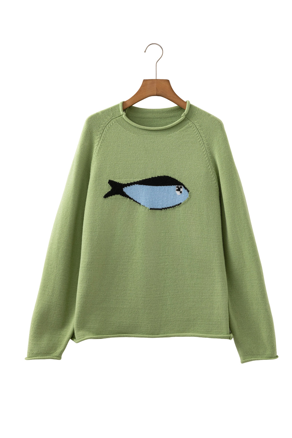 Meadow Mist Green Unique Fish Knit Oversized Round Neck Sweater