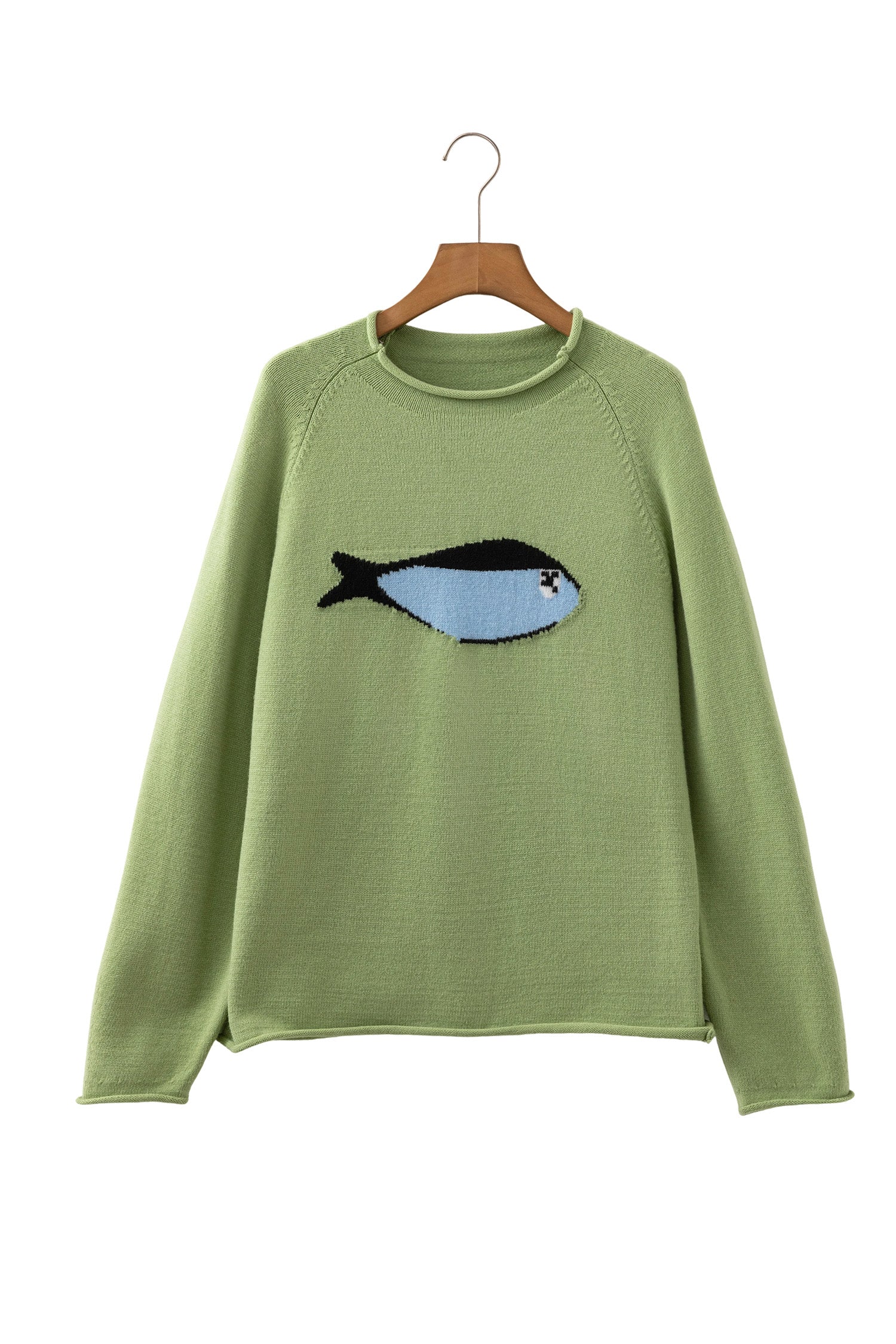 Meadow Mist Green Unique Fish Knit Oversized Round Neck Sweater