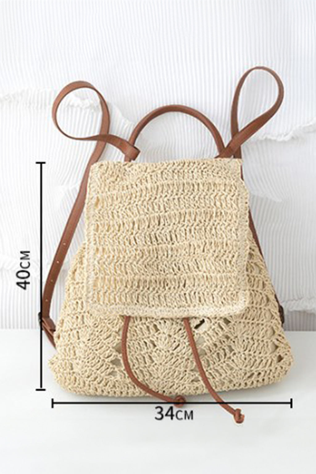 White Retro Straw Woven PU Leather Straps Casual Backpack