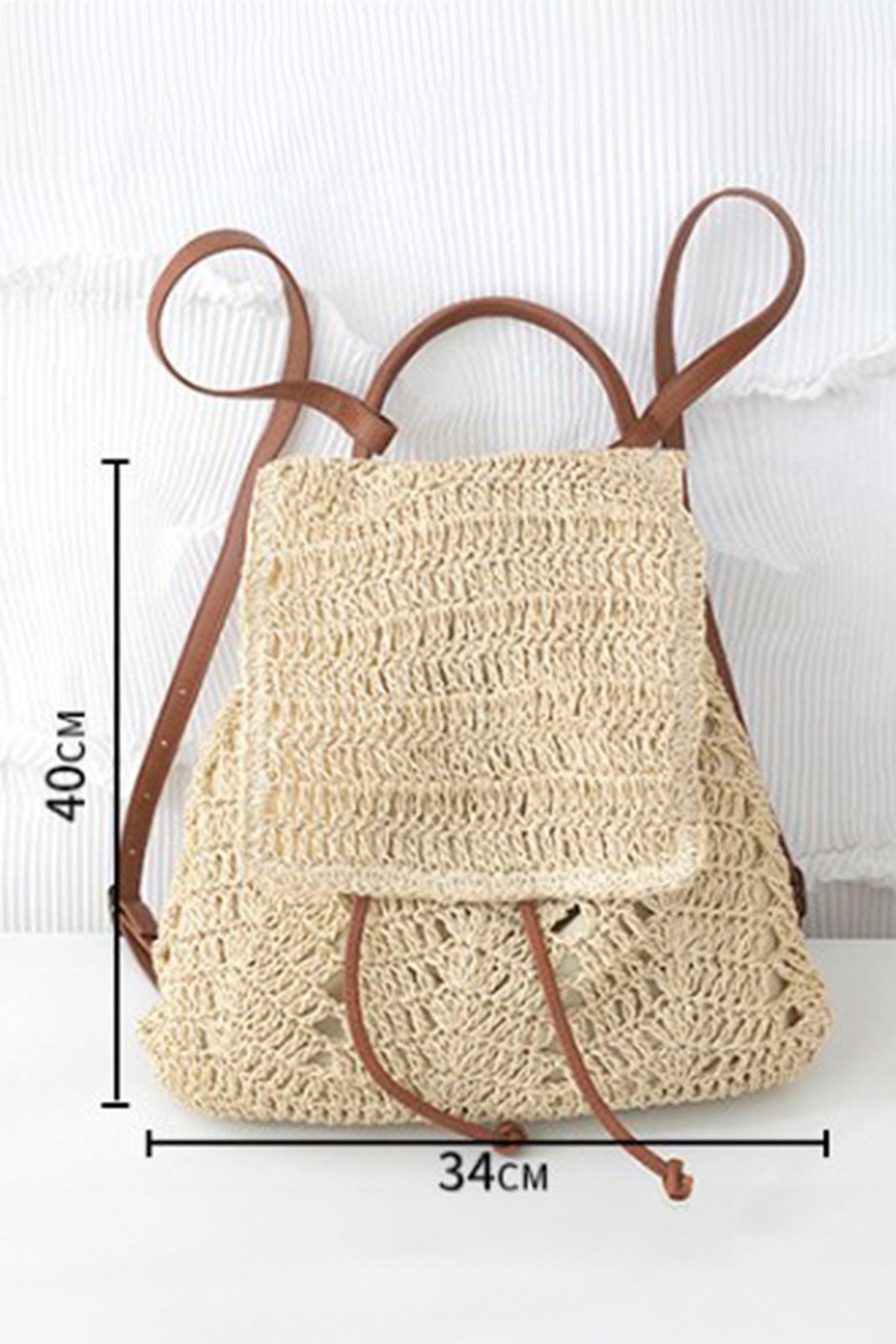 White Retro Straw Woven PU Leather Straps Casual Backpack