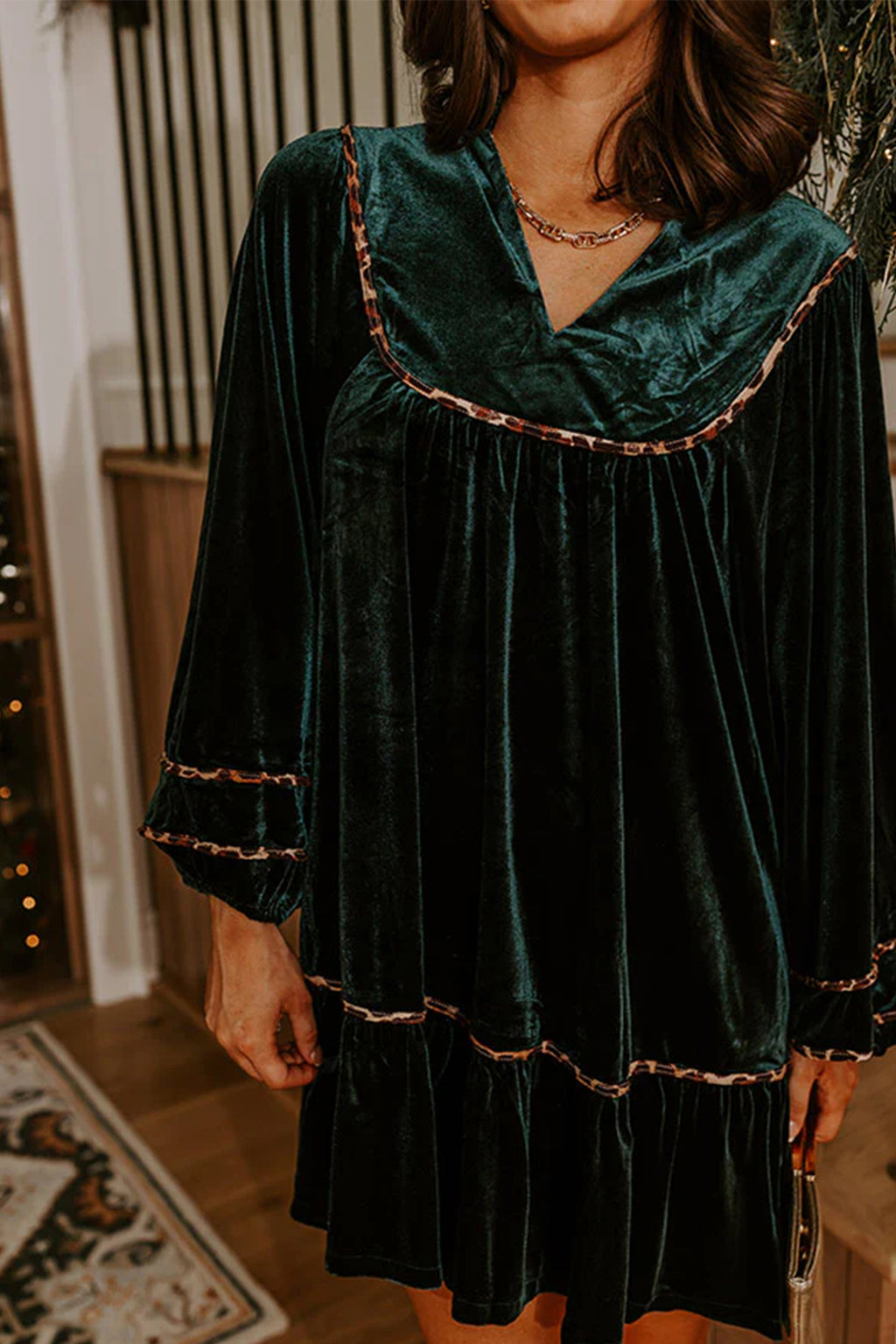 Blackish Green Leopard Trim Velvet Long Sleeve Shift Dress