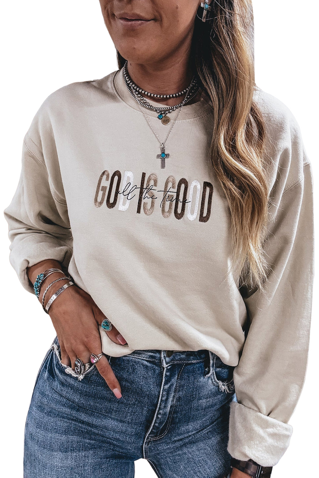 Jet Stream GOD IS GOOD Western Embroidered Letter Crewneck Pullover Sweatshirt