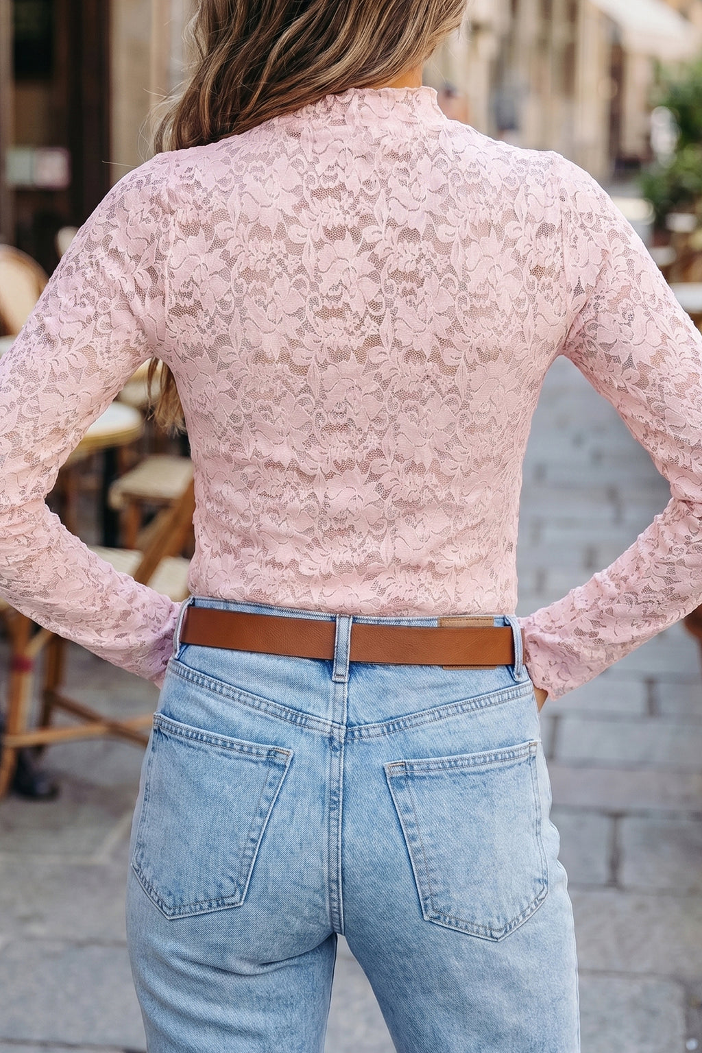 Light Pink Floral Lace Long Sleeve Stand Neck Pullover Top