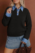 Black Denim Patchwork Collar Cuffed Casual Sweater