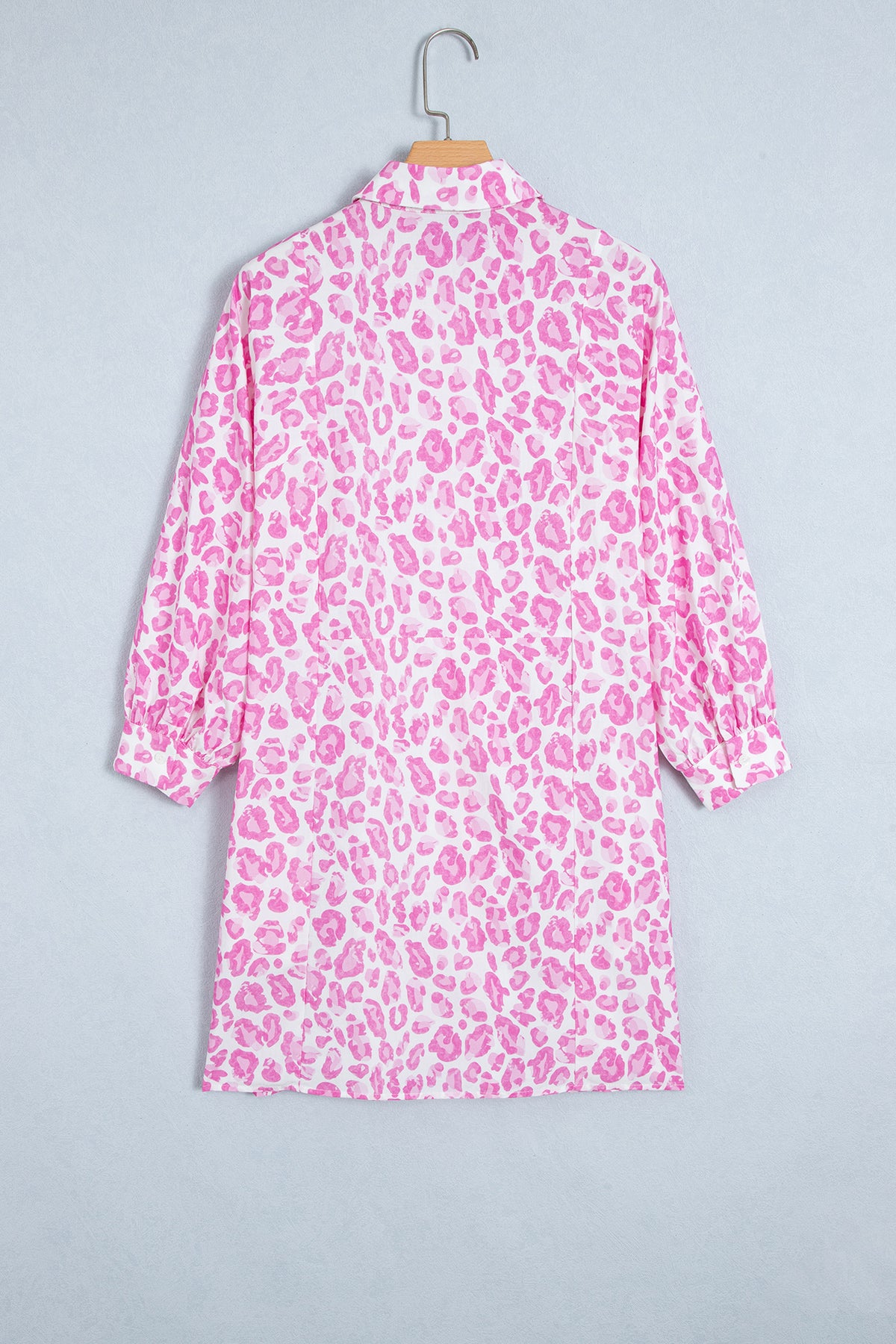 Pink Abstract Leopard Print Tie Waist Puff Sleeve Mini Shirt Dress