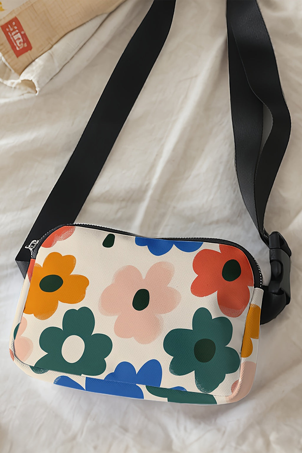 White Cute Flower Printed Canvas Crossbody Bag