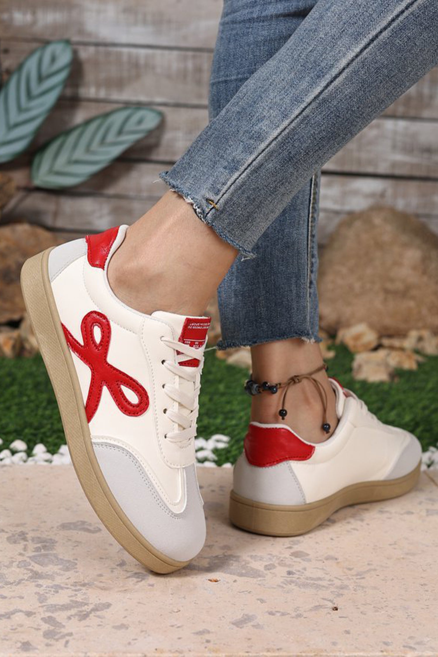 Fiery Red Cute Bow Patch Color Block PU Leather Sneakers